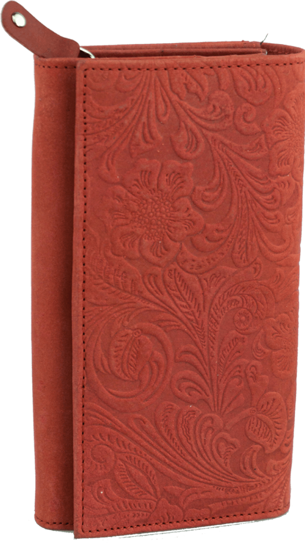 Große Damenbörse mit Überschlag mit Floralprägung Leder in rot - K-200-70