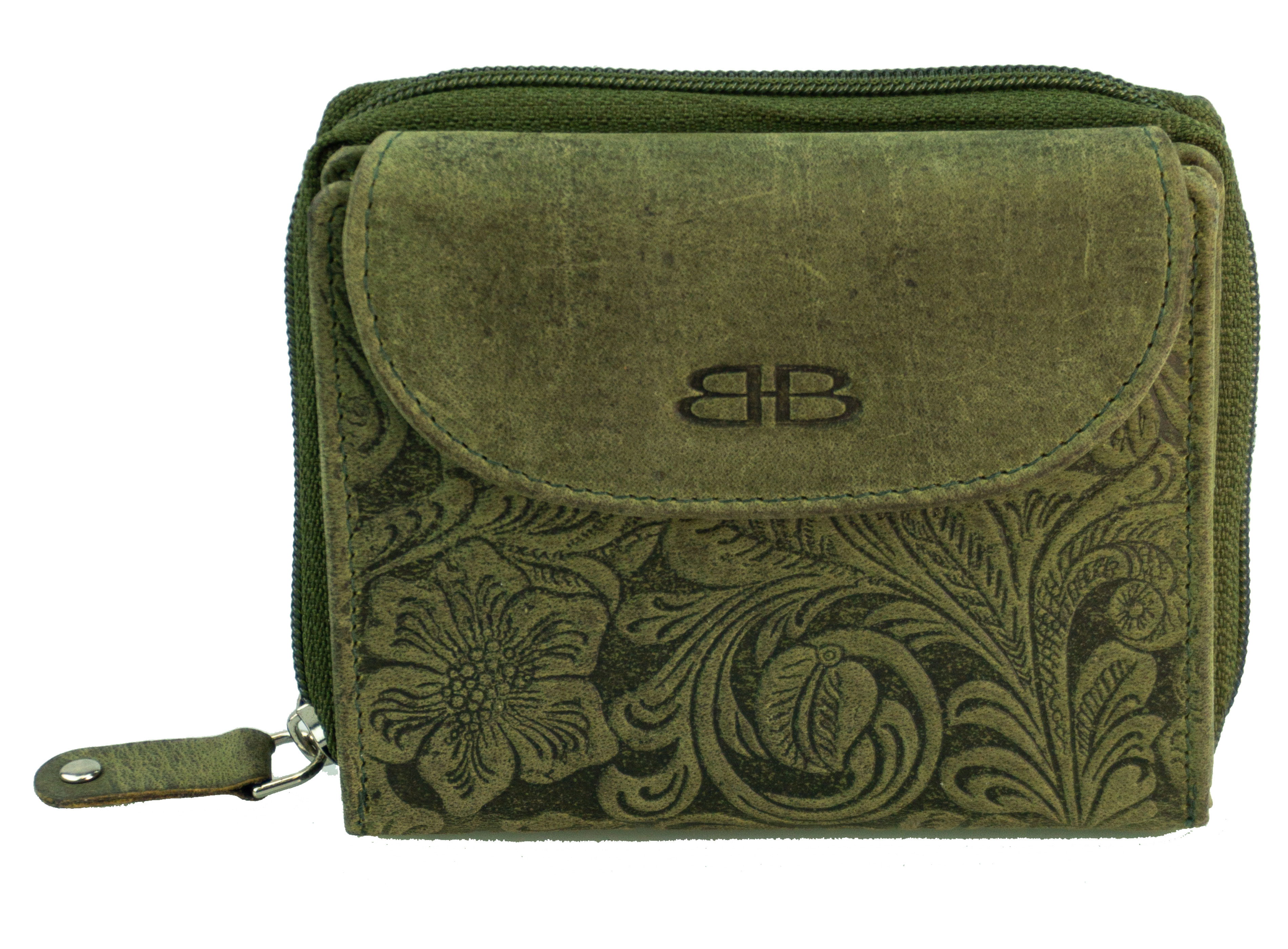 Damenbörse mit Überschlag mit Floralprägung Leder olive - K-202-67