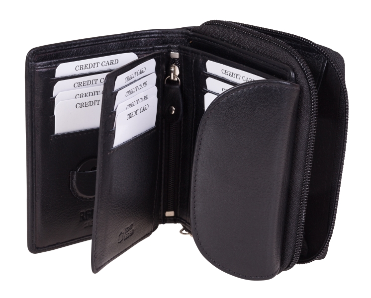 Damenbörse mit Überschlag in schwarz Leder RFID - 848-019-60