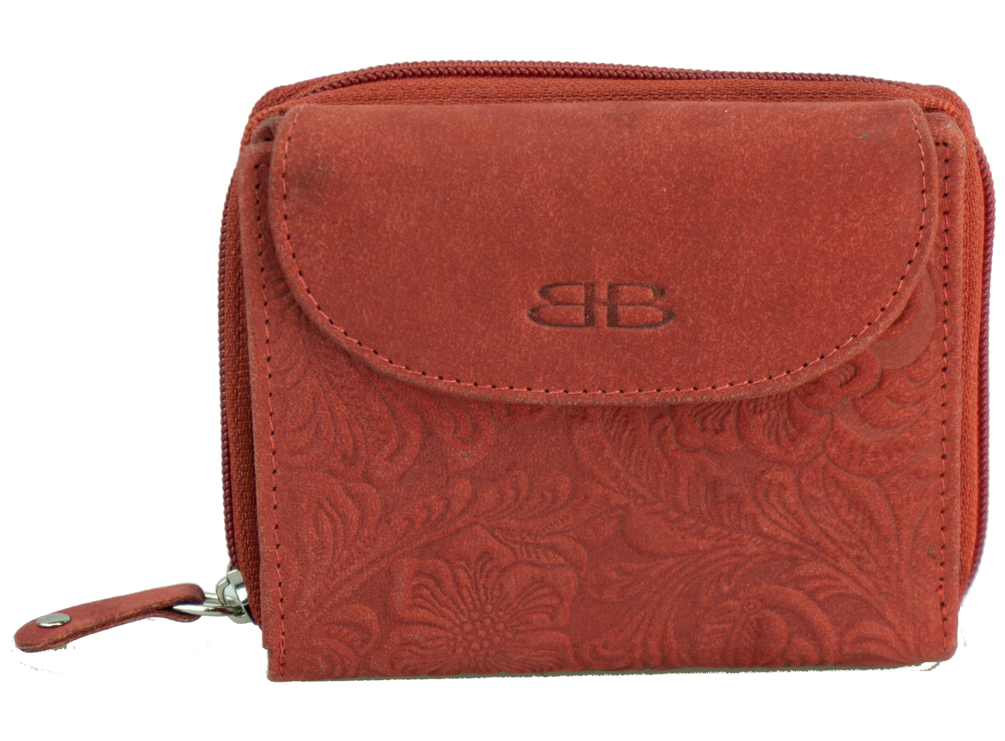 Damenbörse mit Überschlag mit Floralprägung Leder rot - K-202-70