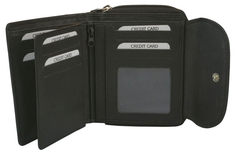 Damenbörse mit Überschlag+Fächer Leder RFID in schwarz - 848-015-60
