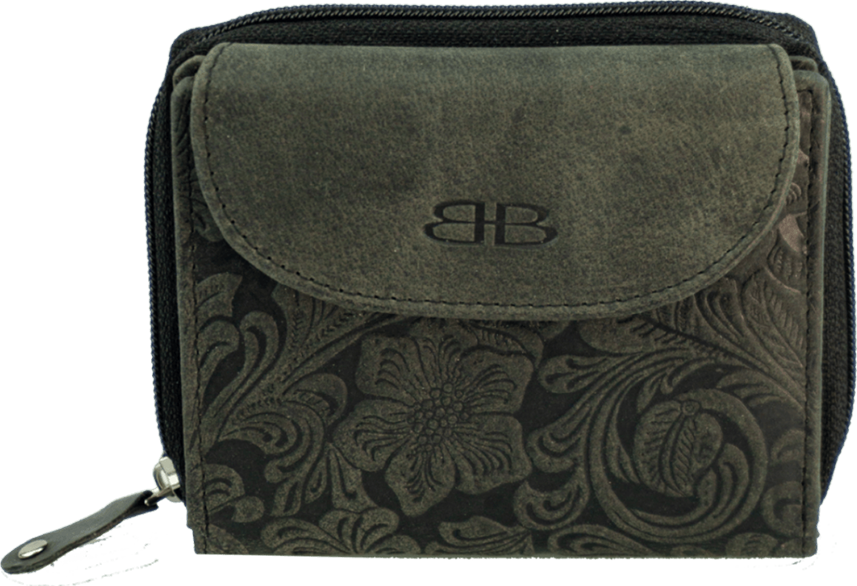 Damenbörse mit Überschlag mit Floralprägung Leder schwarz - K-202-60