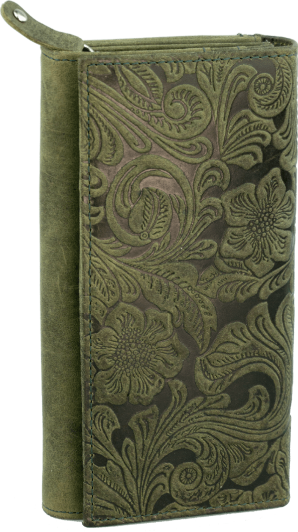 Große Damenbörse mit Überschlag mit Floralprägung Leder in olive - K-200-67