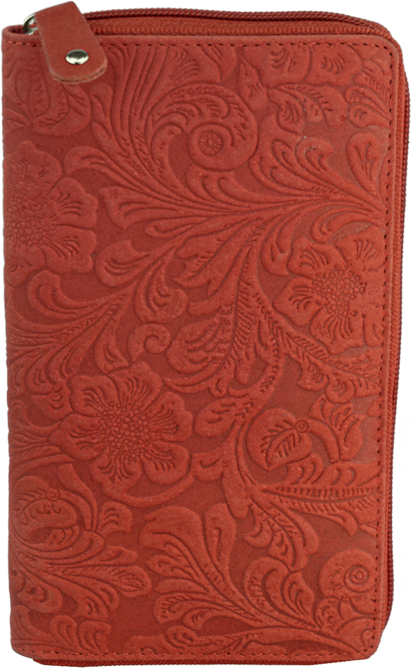 Rundumreißverschlussbörse Damenlangbörse mit Floralprägung Leder RFID in rot - K-201-70