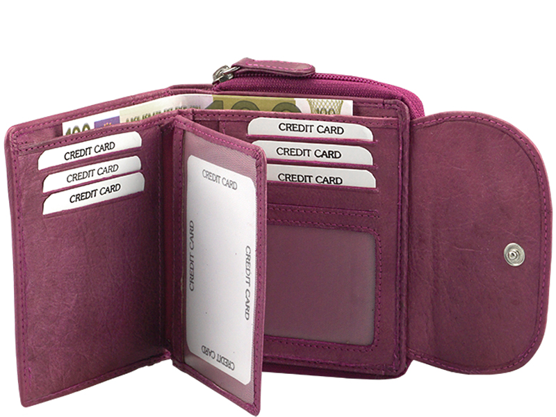 Damenbörse mit Überschlag+Fächer Leder RFID in fuchsia - 848-015-05